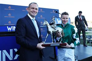 SYDNEY, AUSTRALIA - AUGUST 23: Trainer Chris Waller celebrates after James McDonald riding  Via Sistina win Race 8 Winx Stakes during Sydney Racing at Royal Randwick Racecourse on August 23, 2025 in Sydney, Australia. (Photo by Jeremy Ng/Getty Images)