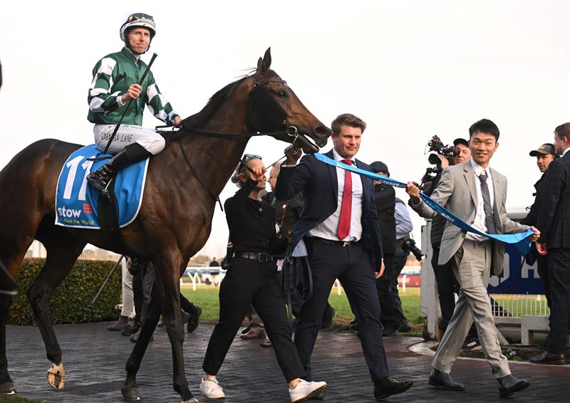 MELBOURNE, AUSTRALIA - AUGUST 30: Damian Lane riding Treasurethe Moment after winning Race 9, the Stow Storage Memsie Stakes during Melbourne Racing at Caulfield Racecourse on August 30, 2025 in Melbourne, Australia. (Photo by Vince Caligiuri/Getty Images)