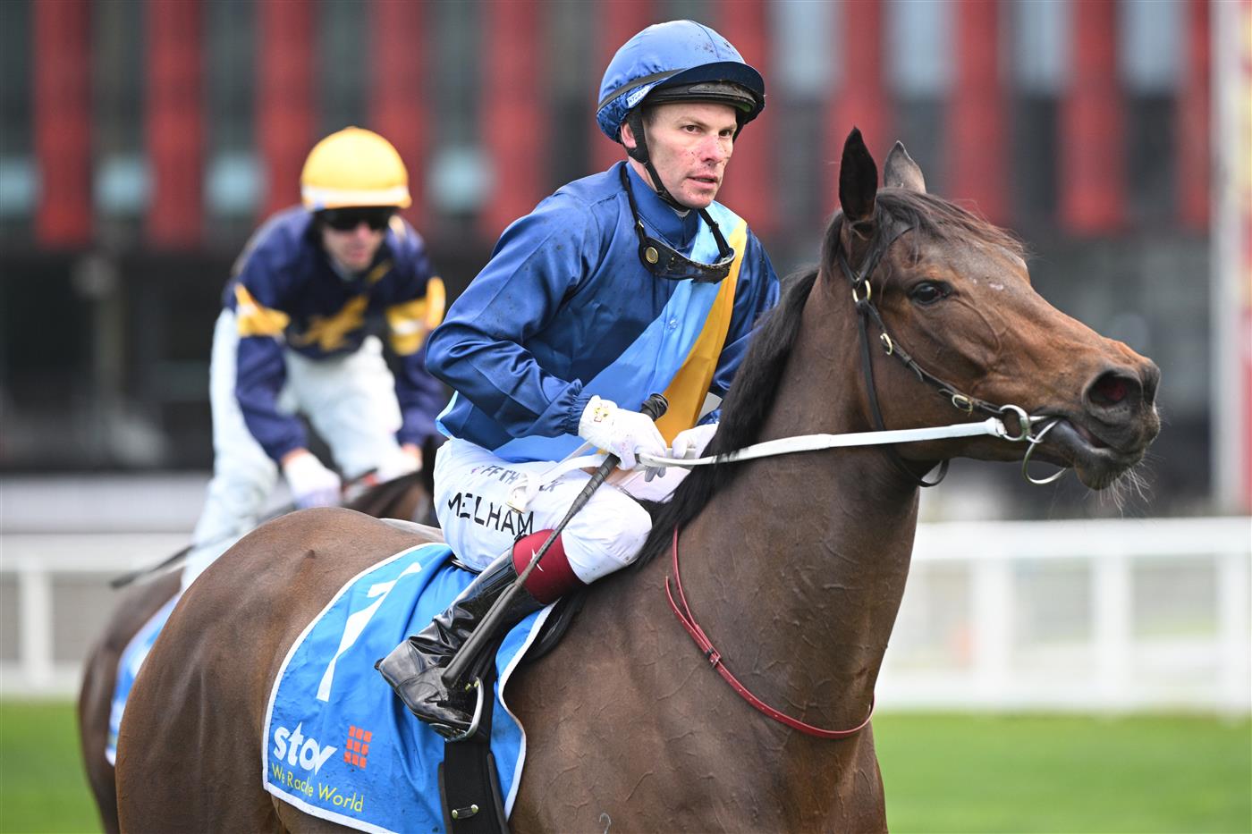 MELBOURNE, AUSTRALIA - AUGUST 30: Ben Melham after riding On Display to win Race 2, the Stow Robotics Handicap during Melbourne Racing at Caulfield Racecourse on August 30, 2025 in Melbourne, Australia. (Photo by Vince Caligiuri/Getty Images)