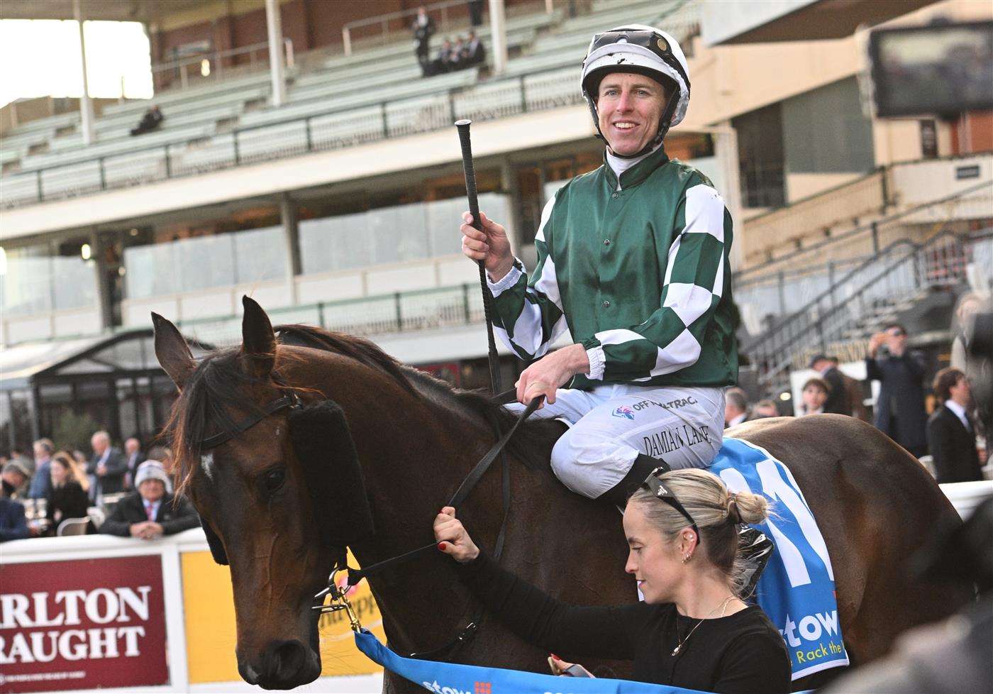 MELBOURNE, AUSTRALIA - AUGUST 30: Damian Lane riding Treasurethe Moment after winning Race 9, the Stow Storage Memsie Stakes during Melbourne Racing at Caulfield Racecourse on August 30, 2025 in Melbourne, Australia. (Photo by Vince Caligiuri/Getty Images)