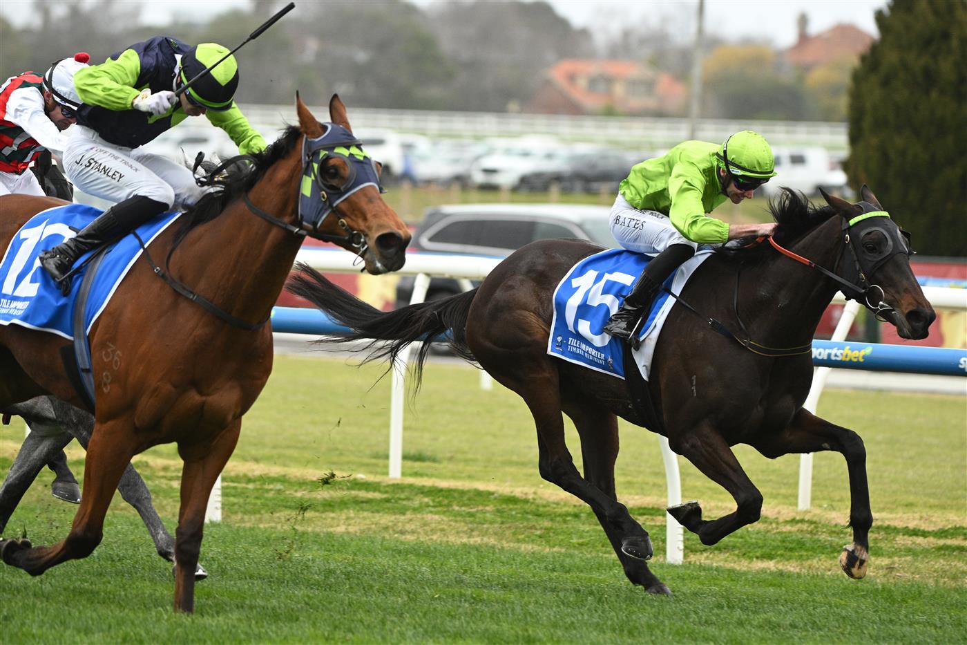 MELBOURNE, AUSTRALIA - AUGUST 30: Declan Bates riding Too Darn Discreet defeats Jet Stanley riding El Rocko in Race 5, the Remembering Mikaela Claridge during Melbourne Racing at Caulfield Racecourse on August 30, 2025 in Melbourne, Australia. (Photo by Vince Caligiuri/Getty Images)