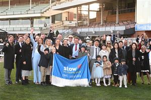 MELBOURNE, AUSTRALIA - AUGUST 30: Winning connections celebrate Treasurethe Moment winning Race 9, the Stow Storage Memsie Stakes during Melbourne Racing at Caulfield Racecourse on August 30, 2025 in Melbourne, Australia. (Photo by Vince Caligiuri/Getty Images)