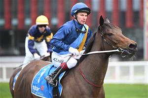 MELBOURNE, AUSTRALIA - AUGUST 30: Ben Melham after riding On Display to win Race 2, the Stow Robotics Handicap during Melbourne Racing at Caulfield Racecourse on August 30, 2025 in Melbourne, Australia. (Photo by Vince Caligiuri/Getty Images)