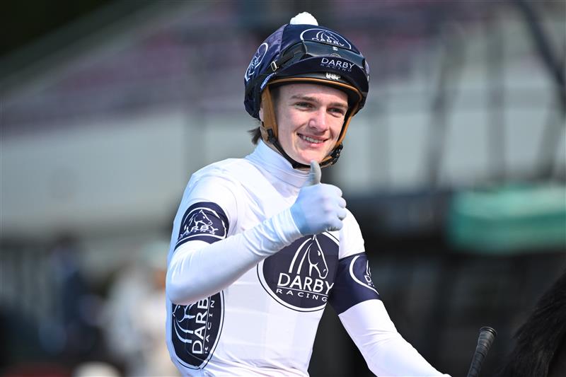 MELBOURNE, AUSTRALIA - SEPTEMBER 06: Luke Cartwright after riding Rise To It to win Race 4, the Rexel Electrical Supplies Handicap during Melbourne Racing at Moonee Valley Racecourse on September 06, 2025 in Melbourne, Australia. (Photo by Vince Caligiuri/Getty Images)
