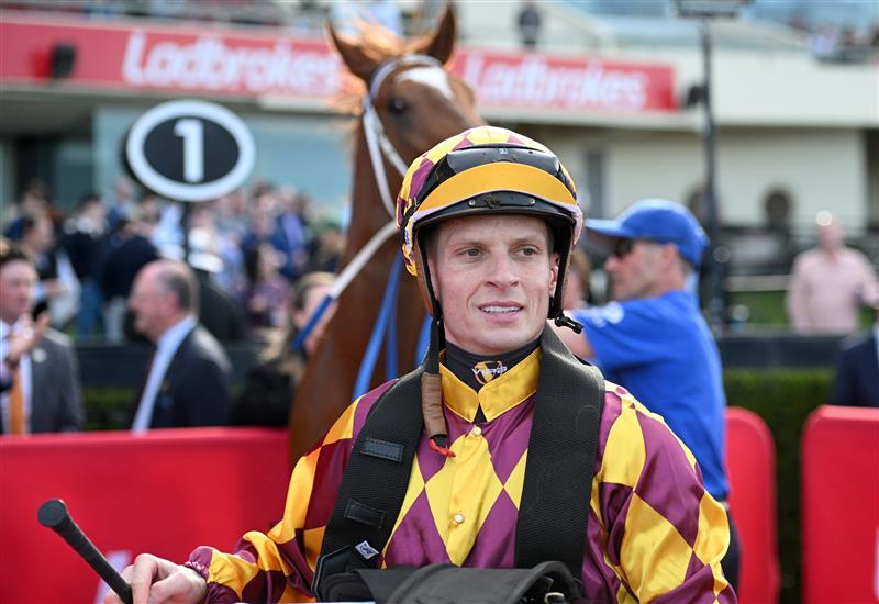 MELBOURNE, AUSTRALIA - SEPTEMBER 06: Zac Spain after  riding Alpha Sofie to win Race 7, the Musk Creek Farm Atlantic Jewel Stakes during Melbourne Racing at Moonee Valley Racecourse on September 06, 2025 in Melbourne, Australia. (Photo by Vince Caligiuri/Getty Images)