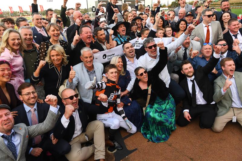 MELBOURNE, AUSTRALIA - SEPTEMBER 06: Ben Allen celebrates with connections after riding Baraqiel to win Race 9, the Charter Keck Cramer Moir Stakes  during Melbourne Racing at Moonee Valley Racecourse on September 06, 2025 in Melbourne, Australia. (Photo by Vince Caligiuri/Getty Images)