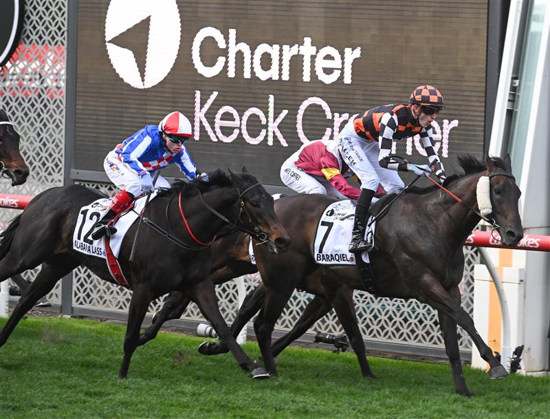 MELBOURNE, AUSTRALIA - SEPTEMBER 06: Ben Allen riding Baraqiel defeats Craig Williams riding Alabama Lass in Race 9, the Charter Keck Cramer Moir Stakes  during Melbourne Racing at Moonee Valley Racecourse on September 06, 2025 in Melbourne, Australia. (Photo by Vince Caligiuri/Getty Images)