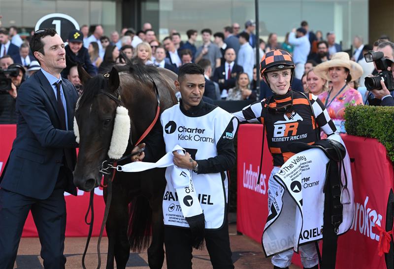 MELBOURNE, AUSTRALIA - SEPTEMBER 06: Ben Allen riding Baraqiel after winning Race 9, the Charter Keck Cramer Moir Stakes  during Melbourne Racing at Moonee Valley Racecourse on September 06, 2025 in Melbourne, Australia. (Photo by Vince Caligiuri/Getty Images)