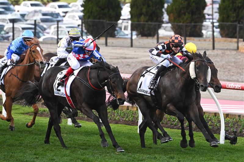 MELBOURNE, AUSTRALIA - SEPTEMBER 06: Ben Allen riding Baraqiel defeats Craig Williams riding Alabama Lass in Race 9, the Charter Keck Cramer Moir Stakes  during Melbourne Racing at Moonee Valley Racecourse on September 06, 2025 in Melbourne, Australia. (Photo by Vince Caligiuri/Getty Images)