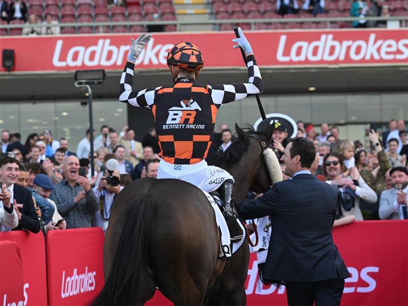 MELBOURNE, AUSTRALIA - SEPTEMBER 06: Ben Allen riding Baraqiel after winning Race 9, the Charter Keck Cramer Moir Stakes  during Melbourne Racing at Moonee Valley Racecourse on September 06, 2025 in Melbourne, Australia. (Photo by Vince Caligiuri/Getty Images)