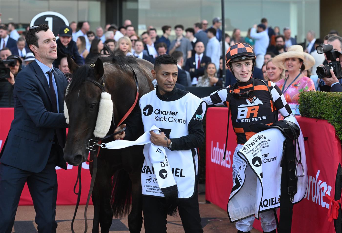 MELBOURNE, AUSTRALIA - SEPTEMBER 06: Ben Allen riding Baraqiel after winning Race 9, the Charter Keck Cramer Moir Stakes  during Melbourne Racing at Moonee Valley Racecourse on September 06, 2025 in Melbourne, Australia. (Photo by Vince Caligiuri/Getty Images)