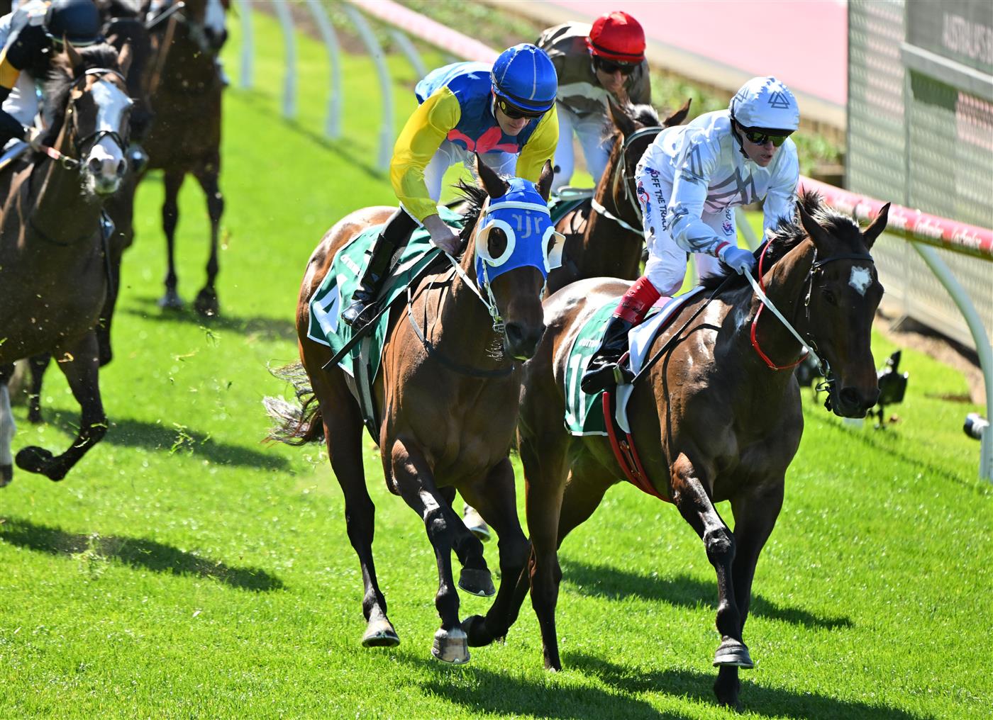 MELBOURNE, AUSTRALIA - SEPTEMBER 06: Mark Zahra riding Jazz Affair (L) defeat Craig Williams riding Yachiyo in Race 2, the Drummond Golf Handicap during Melbourne Racing at Moonee Valley Racecourse on September 06, 2025 in Melbourne, Australia. (Photo by Vince Caligiuri/Getty Images)