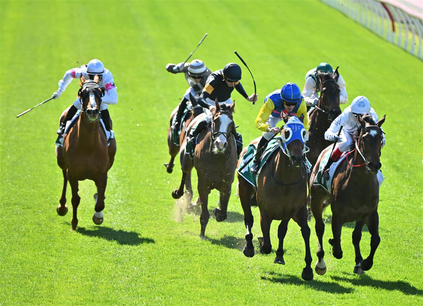 MELBOURNE, AUSTRALIA - SEPTEMBER 06: Mark Zahra riding Jazz Affair (L) defeat Craig Williams riding Yachiyo in Race 2, the Drummond Golf Handicap during Melbourne Racing at Moonee Valley Racecourse on September 06, 2025 in Melbourne, Australia. (Photo by Vince Caligiuri/Getty Images)
