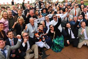 MELBOURNE, AUSTRALIA - SEPTEMBER 06: Ben Allen celebrates with connections after riding Baraqiel to win Race 9, the Charter Keck Cramer Moir Stakes  during Melbourne Racing at Moonee Valley Racecourse on September 06, 2025 in Melbourne, Australia. (Photo by Vince Caligiuri/Getty Images)
