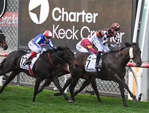 MELBOURNE, AUSTRALIA - SEPTEMBER 06: Ben Allen riding Baraqiel defeats Craig Williams riding Alabama Lass in Race 9, the Charter Keck Cramer Moir Stakes  during Melbourne Racing at Moonee Valley Racecourse on September 06, 2025 in Melbourne, Australia. (Photo by Vince Caligiuri/Getty Images)