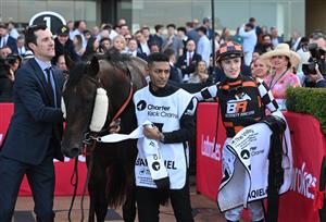 MELBOURNE, AUSTRALIA - SEPTEMBER 06: Ben Allen riding Baraqiel after winning Race 9, the Charter Keck Cramer Moir Stakes  during Melbourne Racing at Moonee Valley Racecourse on September 06, 2025 in Melbourne, Australia. (Photo by Vince Caligiuri/Getty Images)