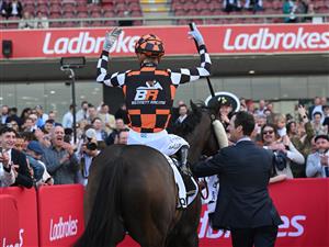 MELBOURNE, AUSTRALIA - SEPTEMBER 06: Ben Allen riding Baraqiel after winning Race 9, the Charter Keck Cramer Moir Stakes  during Melbourne Racing at Moonee Valley Racecourse on September 06, 2025 in Melbourne, Australia. (Photo by Vince Caligiuri/Getty Images)