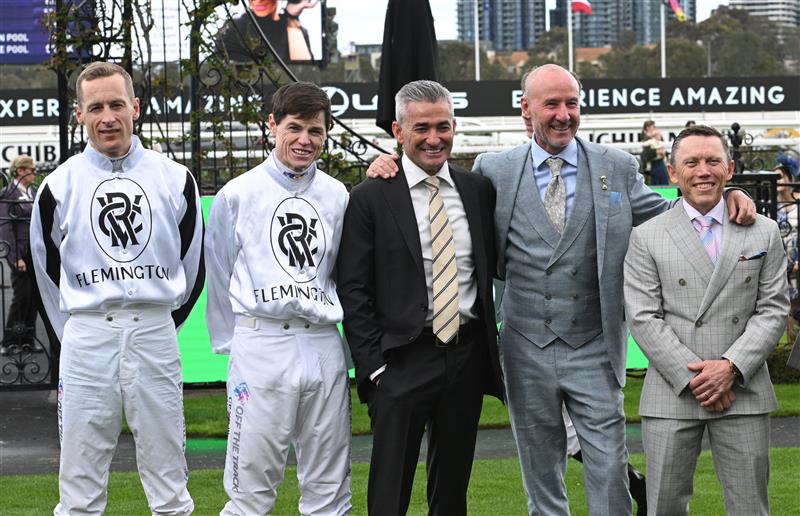 MELBOURNE, AUSTRALIA - SEPTEMBER 13: (L-R) Melbourne Cup winning jockeys Blake Shinn, Craig Williams, Corey Brown, Glen Boss and Chris Munce are seen at the presentation receiving Honorary Memberships from The VRC during Melbourne Racing at Flemington Racecourse on September 13, 2025 in Melbourne, Australia. (Photo by Vince Caligiuri/Getty Images)