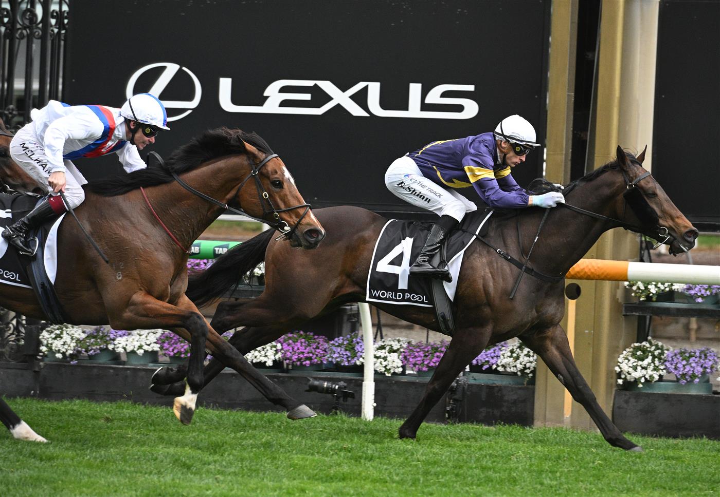 MELBOURNE, AUSTRALIA - SEPTEMBER 13: Blake Shinn riding Arkansaw Kid defeats Star Patrol in Race 6, the Hkjc World Pool Bobbie Lewis Quality during Melbourne Racing at Flemington Racecourse on September 13, 2025 in Melbourne, Australia. (Photo by Vince Caligiuri/Getty Images)
