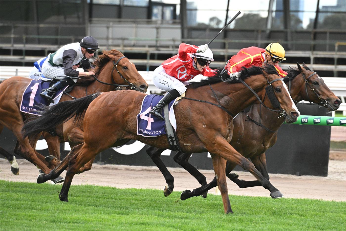 MELBOURNE, AUSTRALIA - SEPTEMBER 13: Celine Gaudray riding Cafe Millenium defeats Transaltlantic in Race 5, the Tontonan Stakes during Melbourne Racing at Flemington Racecourse on September 13, 2025 in Melbourne, Australia. (Photo by Vince Caligiuri/Getty Images)
