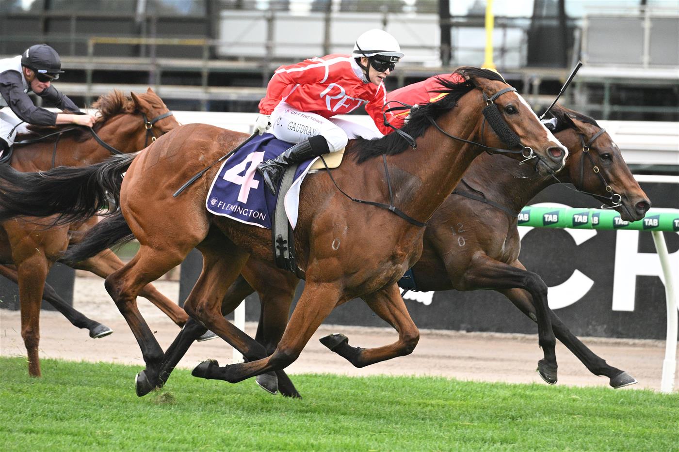 MELBOURNE, AUSTRALIA - SEPTEMBER 13: Celine Gaudray riding Cafe Millenium defeats Transaltlantic in Race 5, the Tontonan Stakes during Melbourne Racing at Flemington Racecourse on September 13, 2025 in Melbourne, Australia. (Photo by Vince Caligiuri/Getty Images)