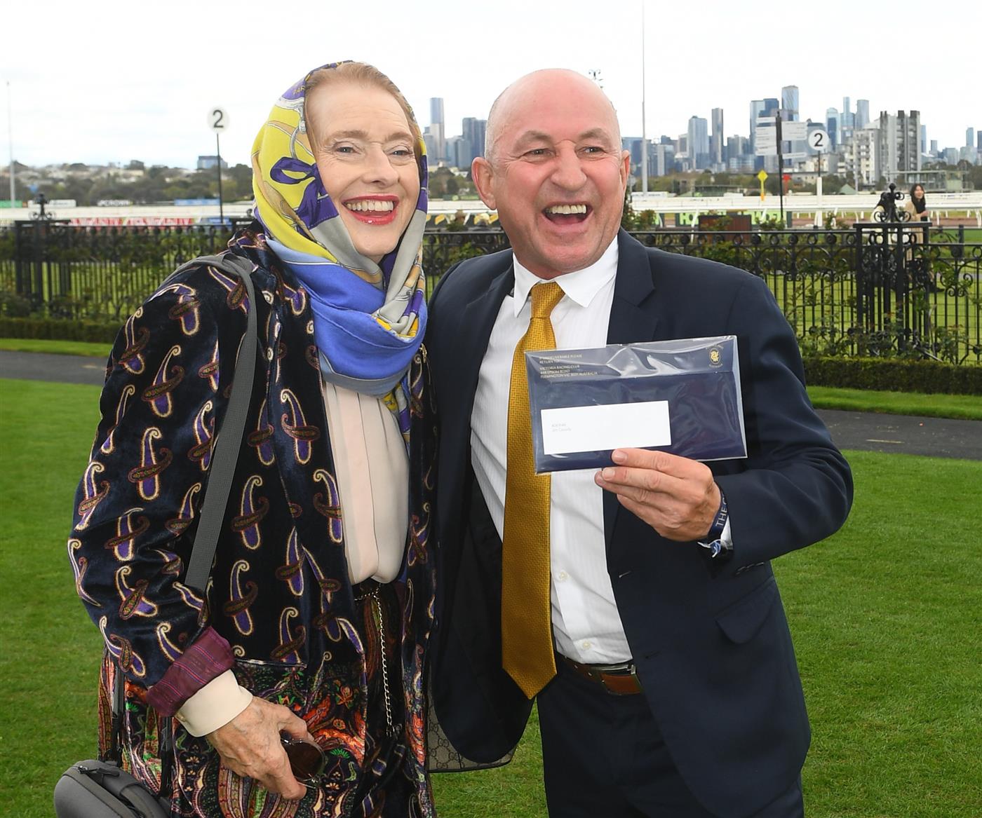 MELBOURNE, AUSTRALIA - SEPTEMBER 13: Trainer Gai Waterhouse and Jim Cassidy are seen at the presentation for trainers and jockeys receiving Honorary Membership from The VRC during Melbourne Racing at Flemington Racecourse on September 13, 2025 in Melbourne, Australia. (Photo by Vince Caligiuri/Getty Images)