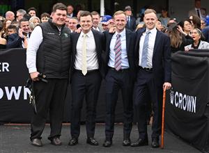 MELBOURNE, AUSTRALIA - SEPTEMBER 13: Strapper Will Evans poses with Co trainers Ben Hayes, JD Hayes and Will Hayes (r) after Mr Brightside won Race 8, the Crown Makybe Diva Stakes during Melbourne Racing at Flemington Racecourse on September 13, 2025 in Melbourne, Australia. (Photo by Vince Caligiuri/Getty Images)