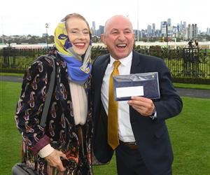 MELBOURNE, AUSTRALIA - SEPTEMBER 13: Trainer Gai Waterhouse and Jim Cassidy are seen at the presentation for trainers and jockeys receiving Honorary Membership from The VRC during Melbourne Racing at Flemington Racecourse on September 13, 2025 in Melbourne, Australia. (Photo by Vince Caligiuri/Getty Images)