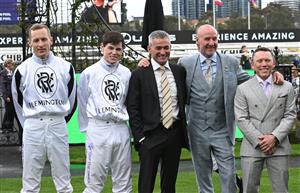 MELBOURNE, AUSTRALIA - SEPTEMBER 13: (L-R) Melbourne Cup winning jockeys Blake Shinn, Craig Williams, Corey Brown, Glen Boss and Chris Munce are seen at the presentation receiving Honorary Memberships from The VRC during Melbourne Racing at Flemington Racecourse on September 13, 2025 in Melbourne, Australia. (Photo by Vince Caligiuri/Getty Images)