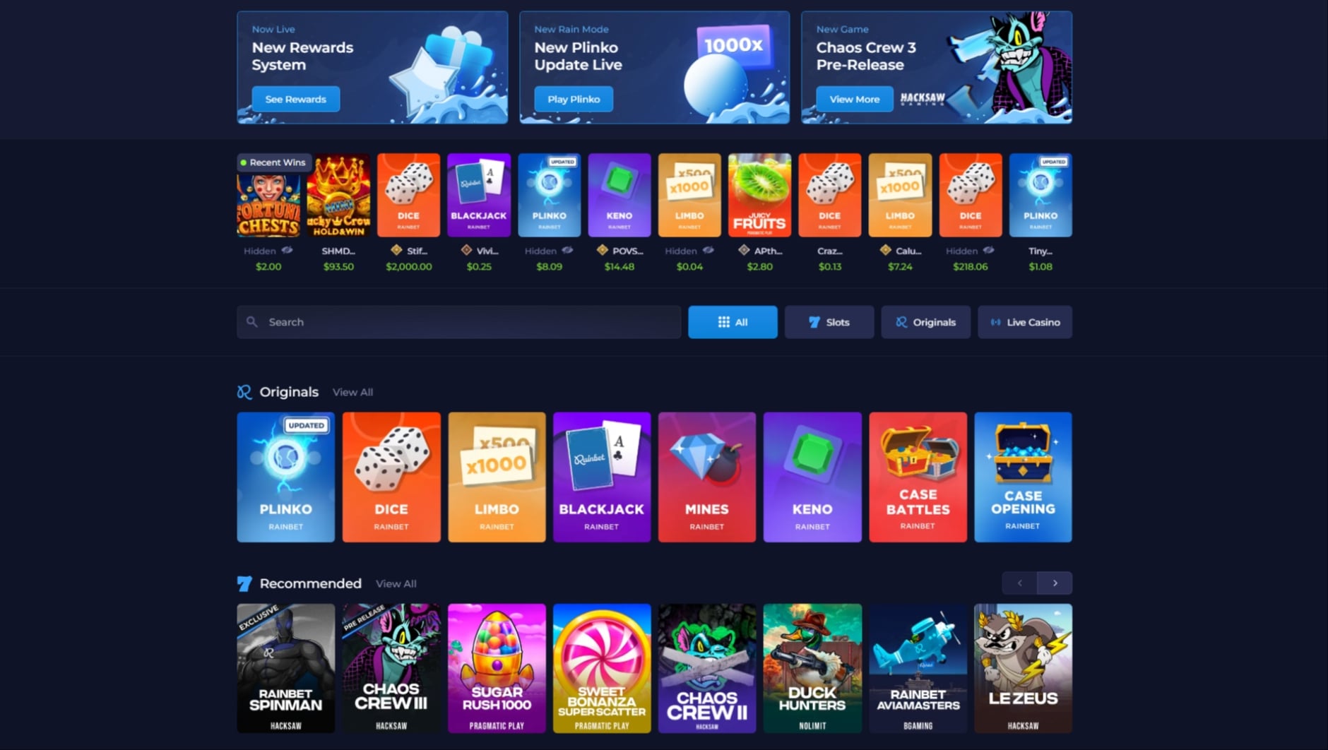 Screenshot der Rainbet App Oberfläche mit Spielautomaten und Sportwetten-Menü