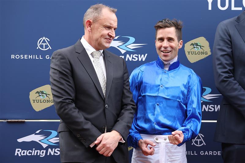SYDNEY, AUSTRALIA - SEPTEMBER 27: Adam Hyeronimus
  riding Beiwacht win Race 8 Yulong Golden Rose during Sydney Racing at Rosehill Gardens on September 27, 2025 in Sydney, Australia. (Photo by Jeremy Ng/Getty Images)