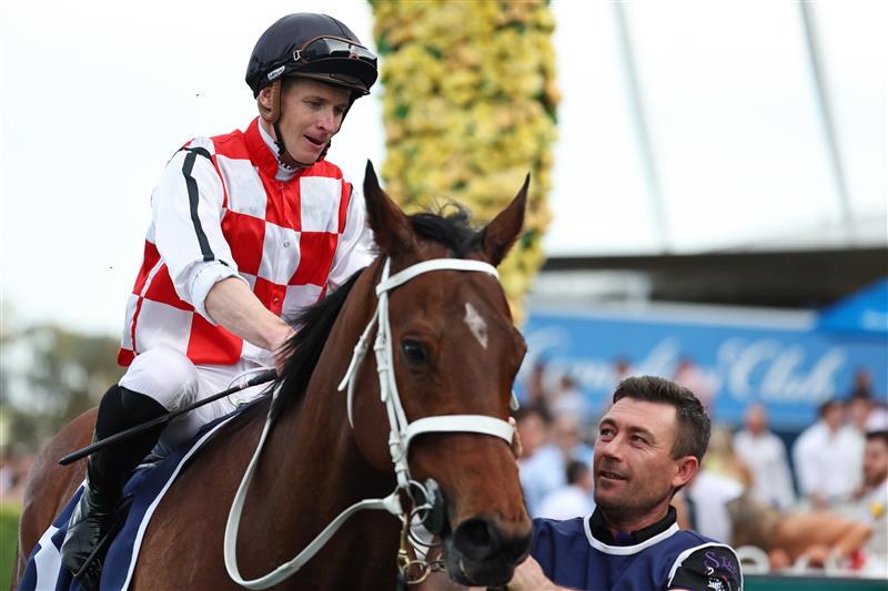 SYDNEY, AUSTRALIA - SEPTEMBER 27: James McDonald riding Waterford  win Race 9 Canadian Club Shannon Stakes during Sydney Racing at Rosehill Gardens on September 27, 2025 in Sydney, Australia. (Photo by Jeremy Ng/Getty Images)