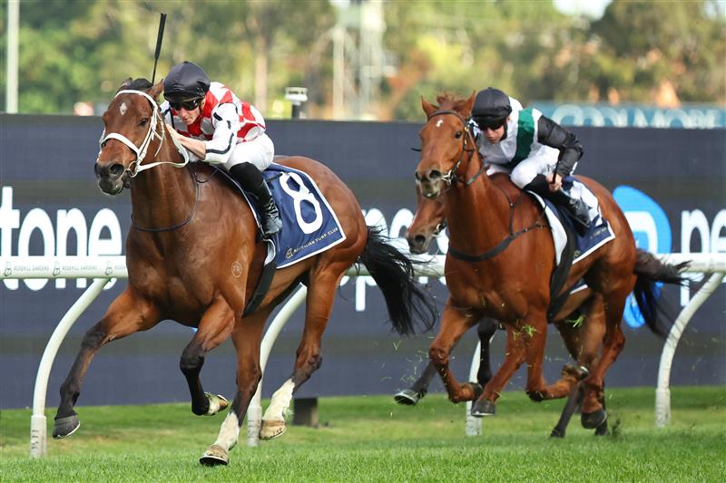 SYDNEY, AUSTRALIA - SEPTEMBER 27: James McDonald riding Waterford  win Race 9 Canadian Club Shannon Stakes during Sydney Racing at Rosehill Gardens on September 27, 2025 in Sydney, Australia. (Photo by Jeremy Ng/Getty Images)