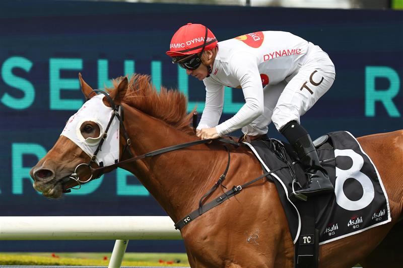 SYDNEY, AUSTRALIA - SEPTEMBER 27: Tim Clark riding Piggyback  win Race 3 Asahi Super Dry Colin Stephen Quality  during Sydney Racing at Rosehill Gardens on September 27, 2025 in Sydney, Australia. (Photo by Jeremy Ng/Getty Images)