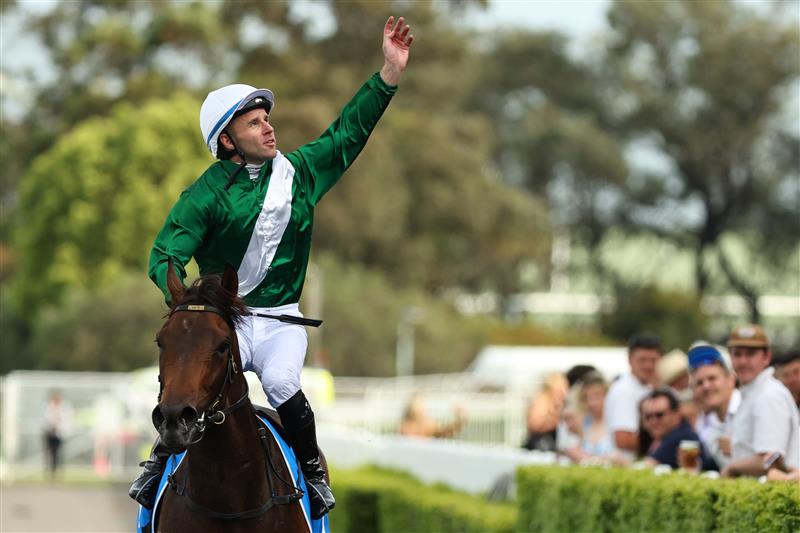 SYDNEY, AUSTRALIA - SEPTEMBER 27: Tommy Berry
 riding Manaal win Race 7 Racing And Sports Golden Pendant during Sydney Racing at Rosehill Gardens on September 27, 2025 in Sydney, Australia. (Photo by Jeremy Ng/Getty Images)