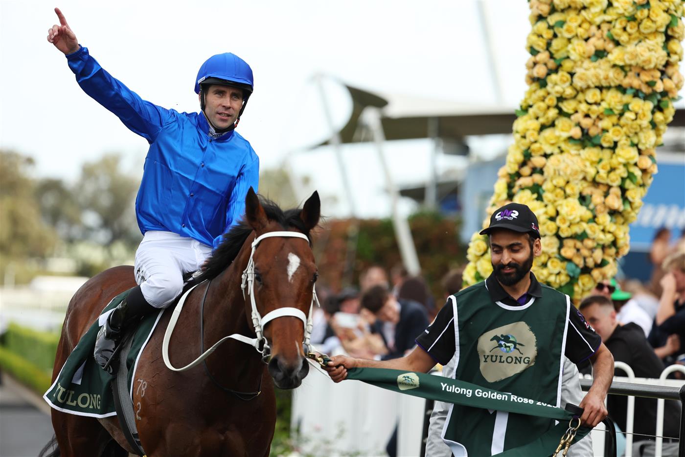 SYDNEY, AUSTRALIA - SEPTEMBER 27: Adam Hyeronimus
  riding Beiwacht win Race 8 Yulong Golden Rose during Sydney Racing at Rosehill Gardens on September 27, 2025 in Sydney, Australia. (Photo by Jeremy Ng/Getty Images)