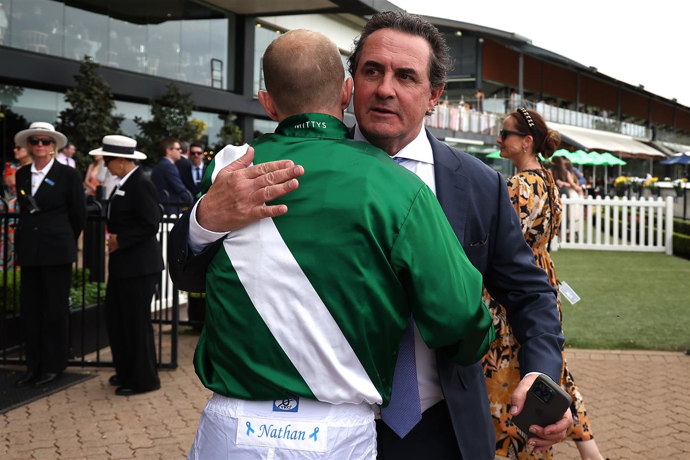 SYDNEY, AUSTRALIA - SEPTEMBER 27: Trainer Michael Freedman celebrate Tommy Berry riding Marhoona  win Race 6 Petaluma Heritage Stakes during Sydney Racing at Rosehill Gardens on September 27, 2025 in Sydney, Australia. (Photo by Jeremy Ng/Getty Images)