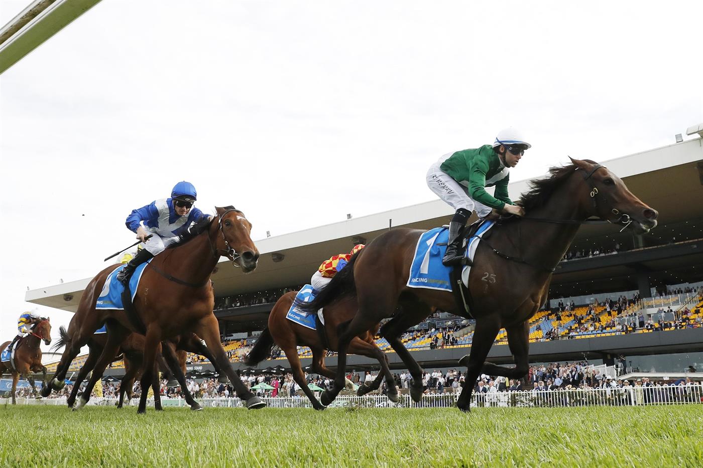 SYDNEY, AUSTRALIA - SEPTEMBER 27: Tommy Berry
 riding Manaal win Race 7 Racing And Sports Golden Pendant during Sydney Racing at Rosehill Gardens on September 27, 2025 in Sydney, Australia. (Photo by Jeremy Ng/Getty Images)