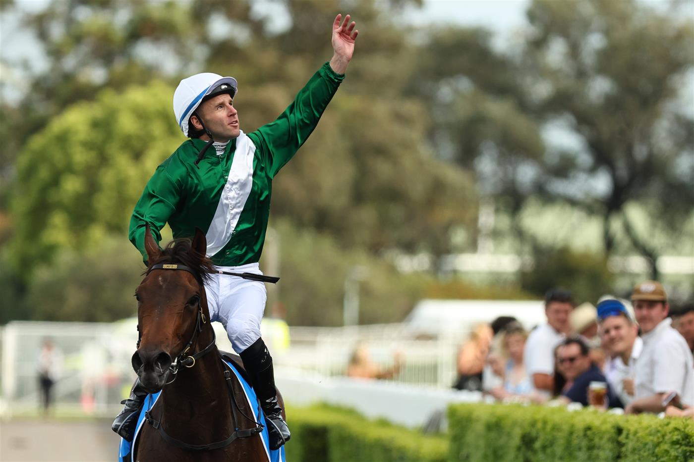 SYDNEY, AUSTRALIA - SEPTEMBER 27: Tommy Berry
 riding Manaal win Race 7 Racing And Sports Golden Pendant during Sydney Racing at Rosehill Gardens on September 27, 2025 in Sydney, Australia. (Photo by Jeremy Ng/Getty Images)