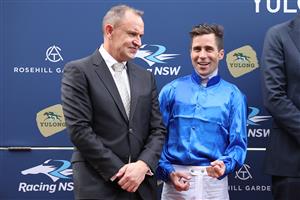 SYDNEY, AUSTRALIA - SEPTEMBER 27: Adam Hyeronimus
  riding Beiwacht win Race 8 Yulong Golden Rose during Sydney Racing at Rosehill Gardens on September 27, 2025 in Sydney, Australia. (Photo by Jeremy Ng/Getty Images)