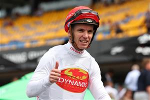 SYDNEY, AUSTRALIA - SEPTEMBER 27: Tim Clark riding Piggyback  win Race 3 Asahi Super Dry Colin Stephen Quality  during Sydney Racing at Rosehill Gardens on September 27, 2025 in Sydney, Australia. (Photo by Jeremy Ng/Getty Images)