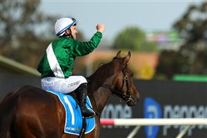 SYDNEY, AUSTRALIA - SEPTEMBER 27: Tommy Berry
 riding Manaal win Race 7 Racing And Sports Golden Pendant during Sydney Racing at Rosehill Gardens on September 27, 2025 in Sydney, Australia. (Photo by Jeremy Ng/Getty Images)