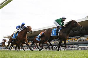 SYDNEY, AUSTRALIA - SEPTEMBER 27: Tommy Berry
 riding Manaal win Race 7 Racing And Sports Golden Pendant during Sydney Racing at Rosehill Gardens on September 27, 2025 in Sydney, Australia. (Photo by Jeremy Ng/Getty Images)