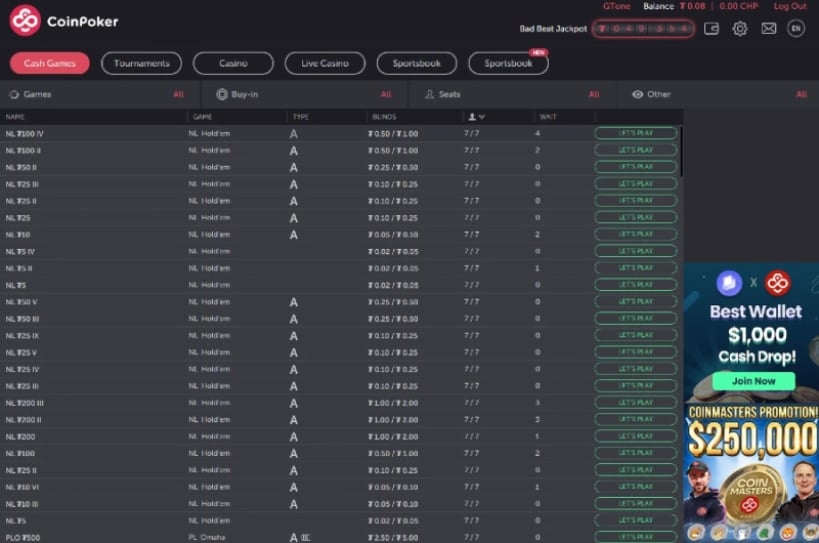 CoinPoker Cash Game Lobby CoinPoker Cash Game Lobby
