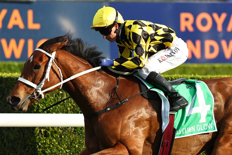 SYDNEY, AUSTRALIA - OCTOBER 04: Kerrin McEvoy riding Autumn Glow win Race 8 TAB Epsom Handicap  during Sydney Racing at Royal Randwick Racecourse on October 04, 2025 in Sydney, Australia. (Photo by Jeremy Ng/Getty Images)