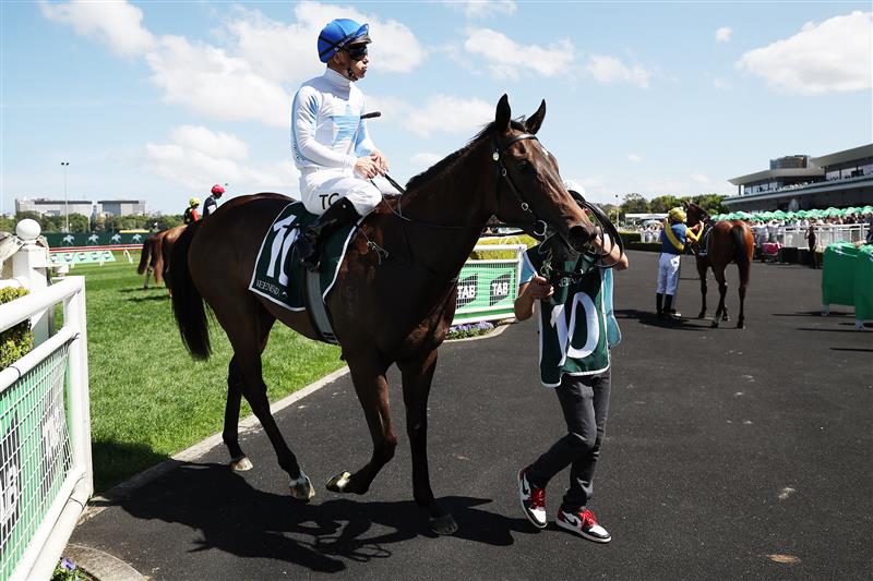 SYDNEY, AUSTRALIA - OCTOBER 04: Tim Clark riding Shiki win Race 3 Keeneland Gimcrack Stakes during Sydney Racing at Royal Randwick Racecourse on October 04, 2025 in Sydney, Australia. (Photo by Jeremy Ng/Getty Images)