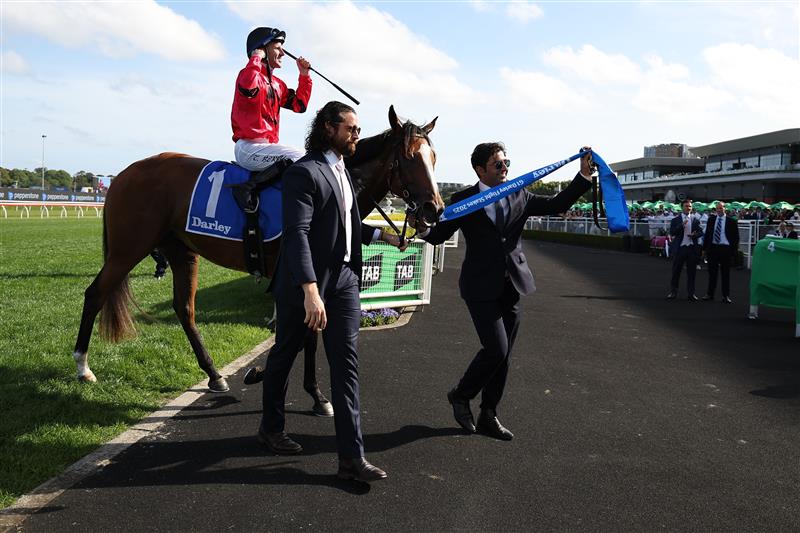 SYDNEY, AUSTRALIA - OCTOBER 04: Tommy Berry riding Apocalyptic  win Race 6 Darley Flight Stakes during Sydney Racing at Royal Randwick Racecourse on October 04, 2025 in Sydney, Australia. (Photo by Jeremy Ng/Getty Images)