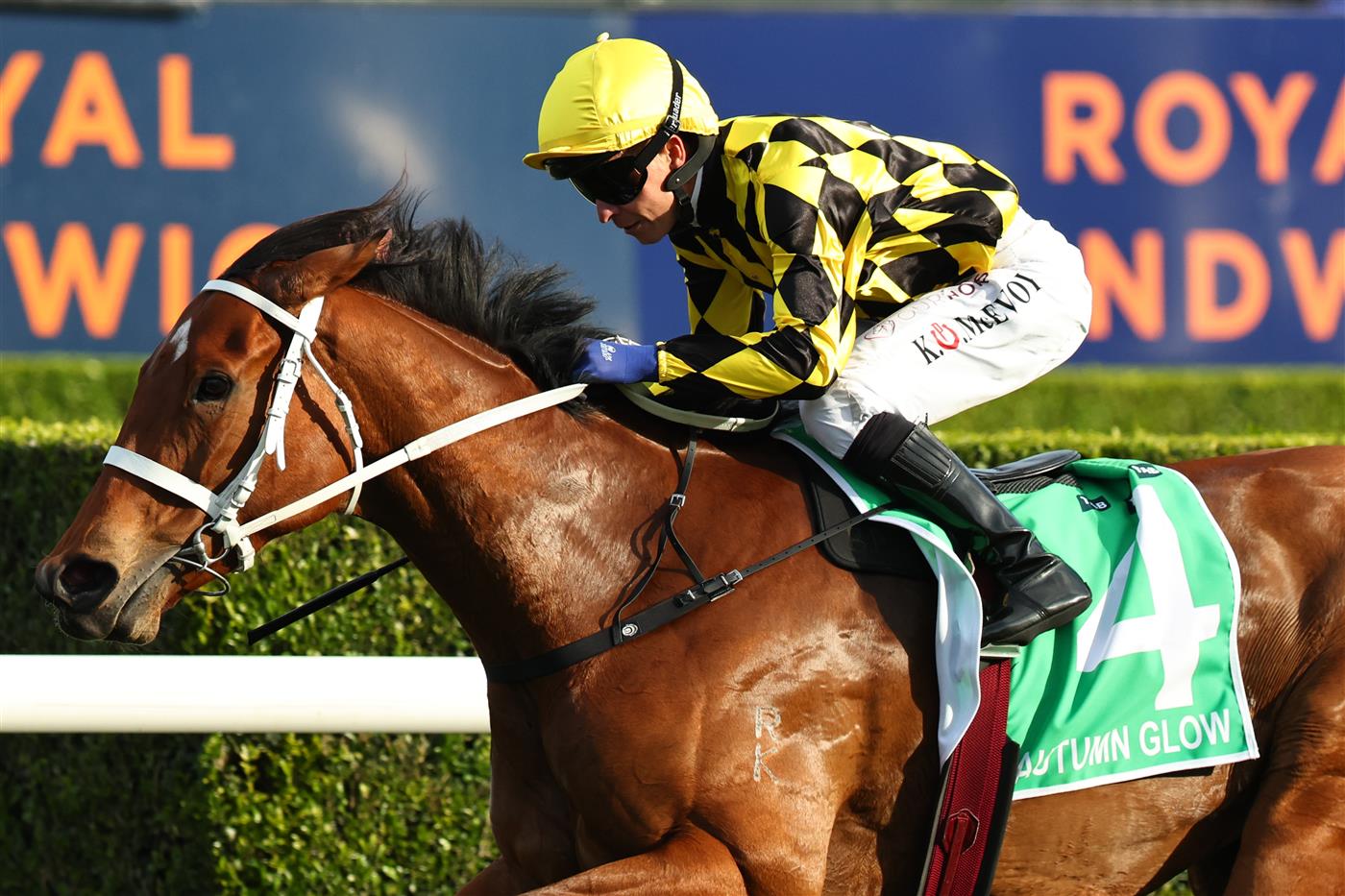 SYDNEY, AUSTRALIA - OCTOBER 04: Kerrin McEvoy riding Autumn Glow win Race 8 TAB Epsom Handicap  during Sydney Racing at Royal Randwick Racecourse on October 04, 2025 in Sydney, Australia. (Photo by Jeremy Ng/Getty Images)