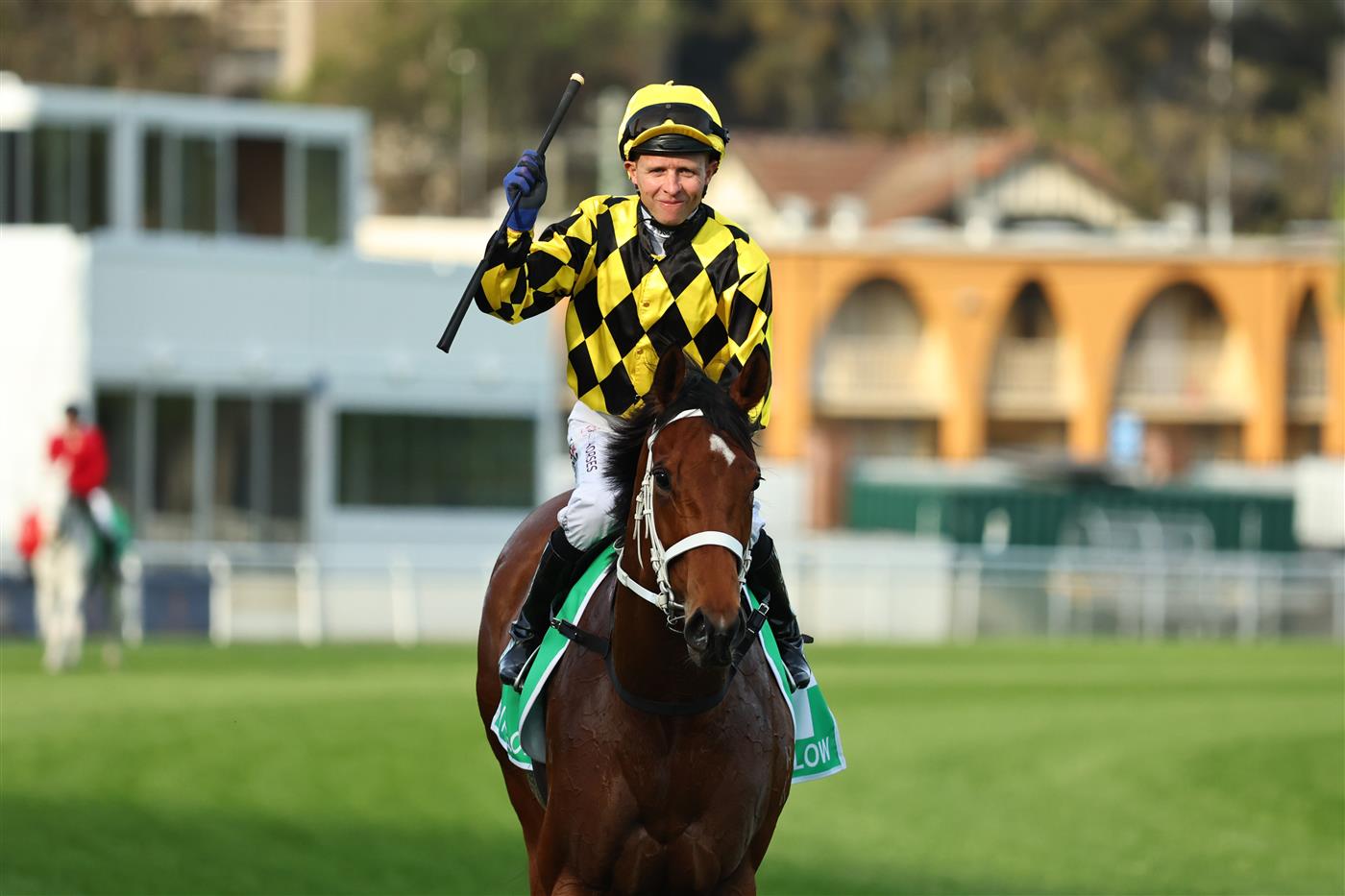 SYDNEY, AUSTRALIA - OCTOBER 04: Kerrin McEvoy riding Autumn Glow win Race 8 TAB Epsom Handicap  during Sydney Racing at Royal Randwick Racecourse on October 04, 2025 in Sydney, Australia. (Photo by Jeremy Ng/Getty Images)