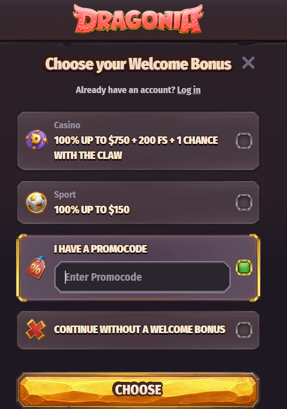 Dragonia Casino promo code afbeelding